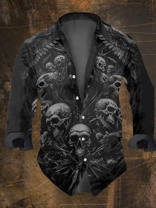 Men's Vintage Dark Skull Print Long Sleeve Shirt