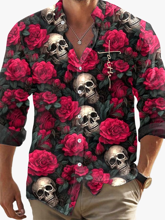 Men's Dark Skull Print Long Sleeve Shirt