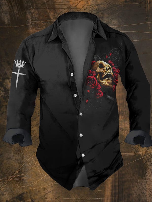 Men's Vintage Dark Skull Print Long Sleeve Shirt