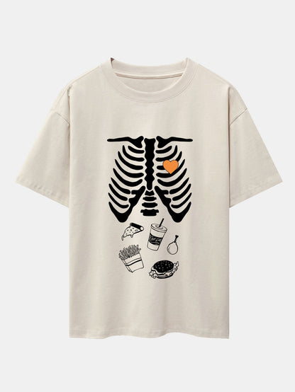 Funny Skeleton Food Print Drop Shoulder Oversize T-Shirt