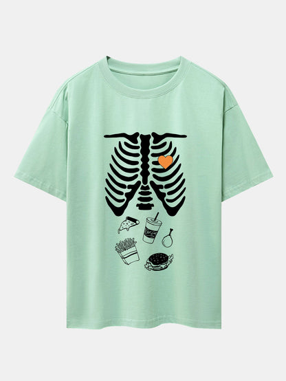 Funny Skeleton Food Print Drop Shoulder Oversize T-Shirt