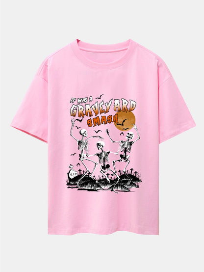 Halloween Dancing Skeleton Print Drop Shoulder Oversize T-Shirt