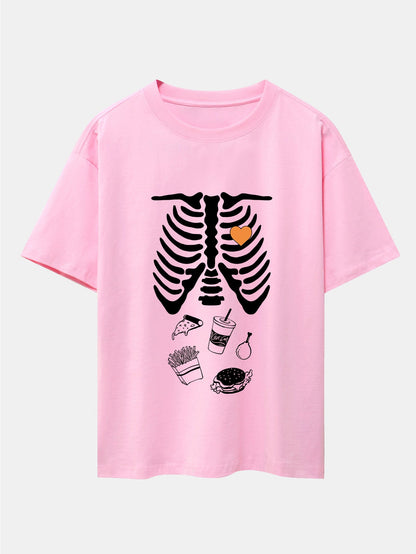 Funny Skeleton Food Print Drop Shoulder Oversize T-Shirt