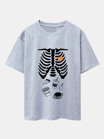 Funny Skeleton Food Print Drop Shoulder Oversize T-Shirt