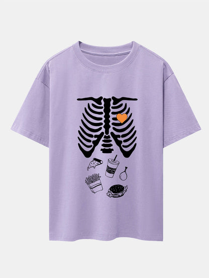 Funny Skeleton Food Print Drop Shoulder Oversize T-Shirt