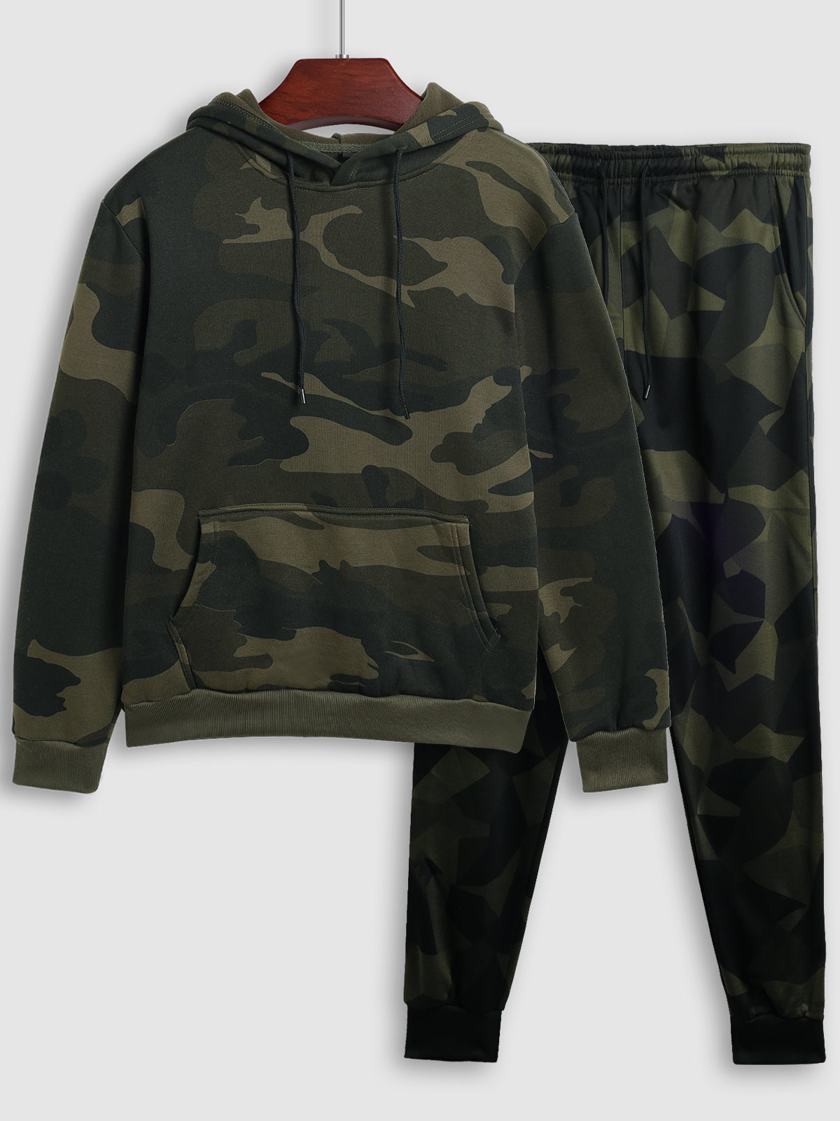 Men's casual hooded drawstring camouflage sweatshirt and casual pants two-piece set