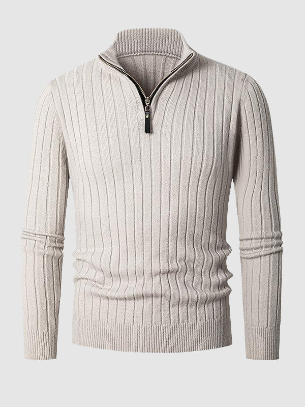 Men's Solid  Cable Casual Zip Stand Collar Sweater