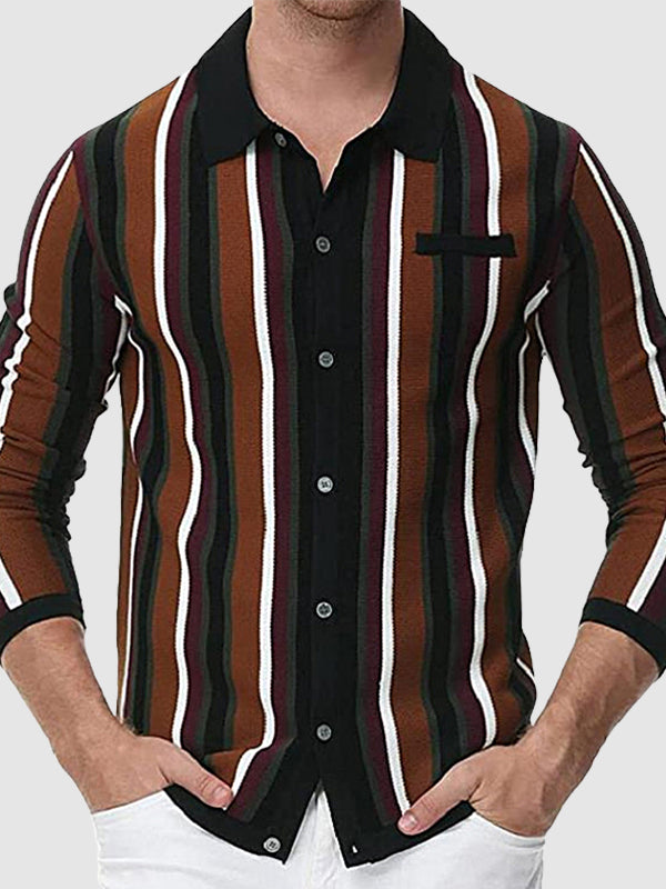 Men's striped jacquard lapel button-down sweater