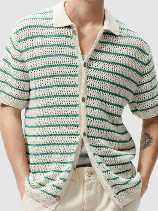 Men's Striped Hollow Knitted Casual Lapel Short Sleeve Shirt