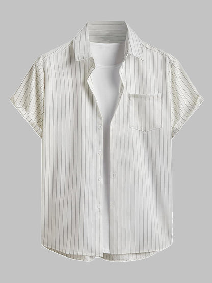 Men's Striped Single Pocket Casual Short Sleeve Shirt