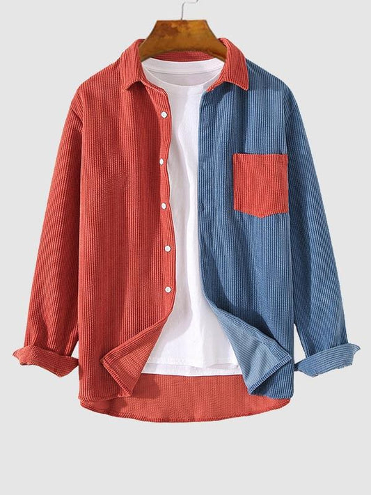 Men's Corduroy Colorblock Single Pocket Button-down Shirt