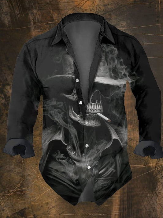 Men's Vintage Dark Skull Print Long Sleeve Shirt