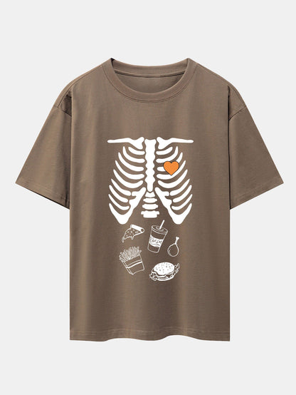 Funny Skeleton Food Print Drop Shoulder Oversize T-Shirt