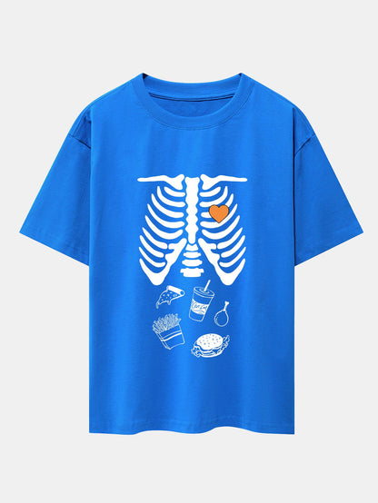 Funny Skeleton Food Print Drop Shoulder Oversize T-Shirt