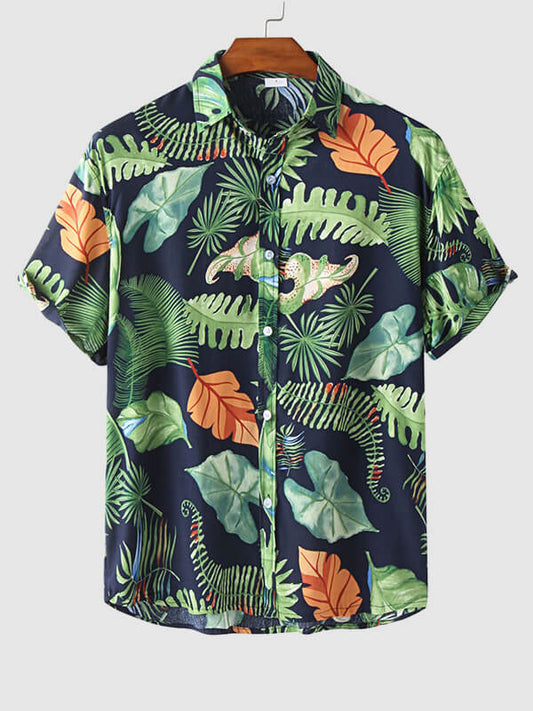 Men's Cotton-Linen Hawaiian Floral Print Resort Short Sleeve Shirt