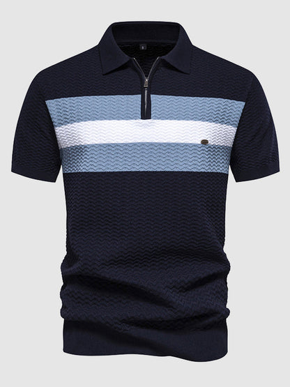 Men's Knitted Striped Casual Business Half-Zip short sleeve POLO