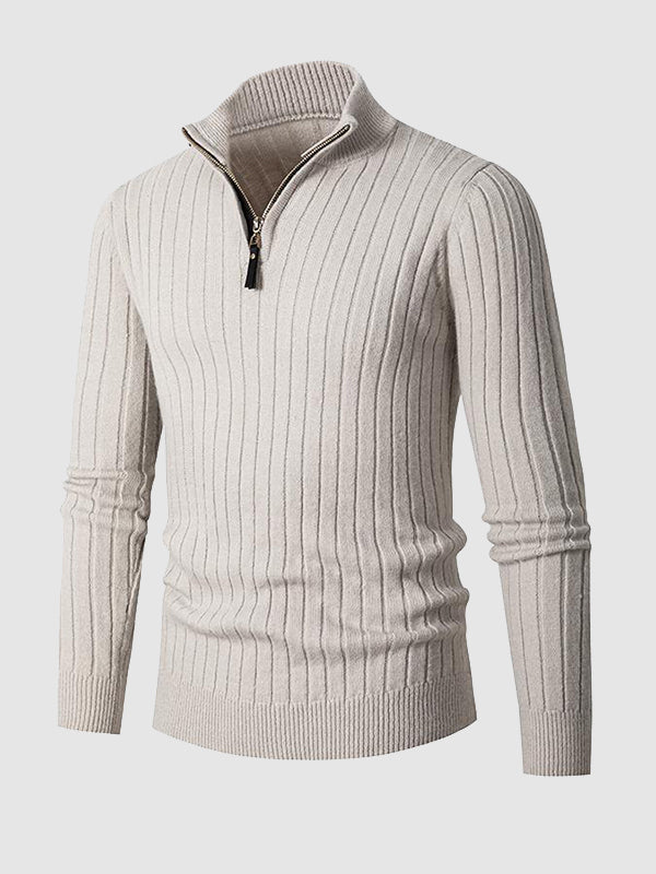 Men's Solid  Cable Casual Zip Stand Collar Sweater