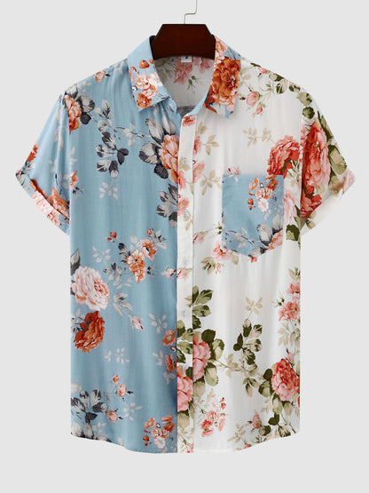 Men's Hawaiian Floral Patchwork Short Sleeve Shirt