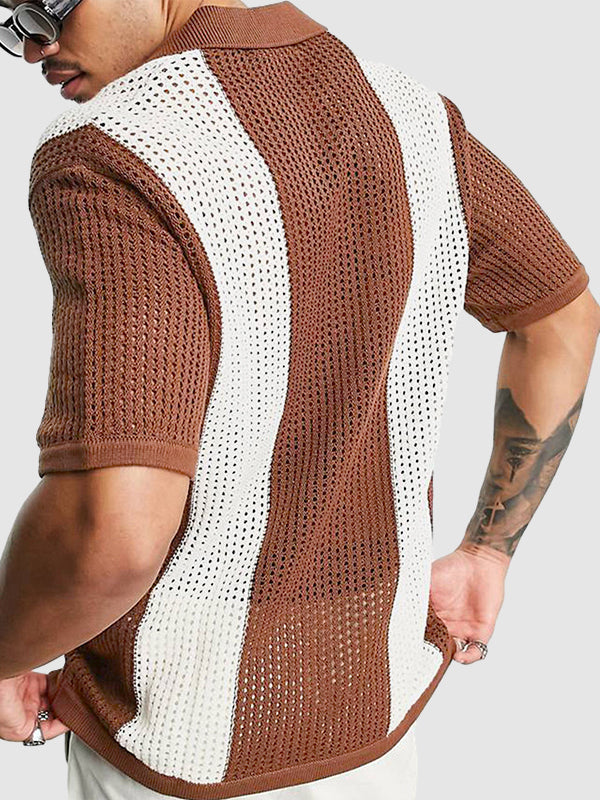 Men's Hollow Color Block Casual Knitted Pullover Polo