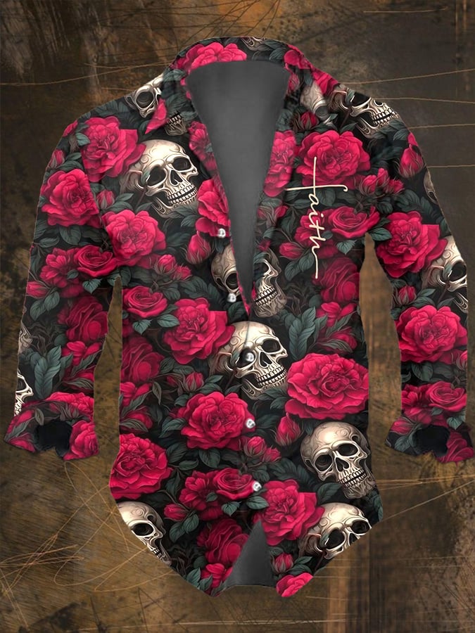 Men's Dark Skull Print Long Sleeve Shirt