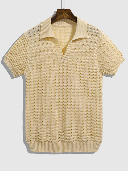 Men's solid color hollow V-neck knitted short sleeves