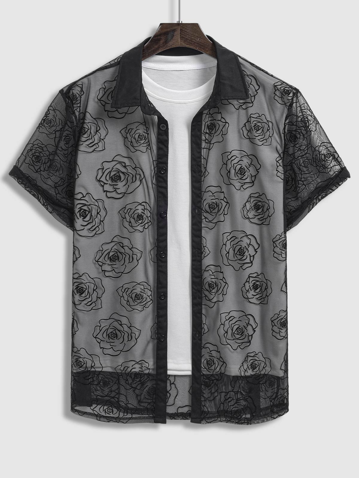 Men's lace embroidered rose flower short-sleeved shirt