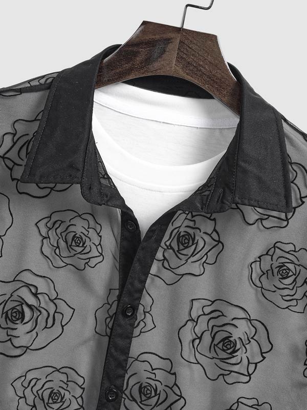 Men's lace embroidered rose flower short-sleeved shirt