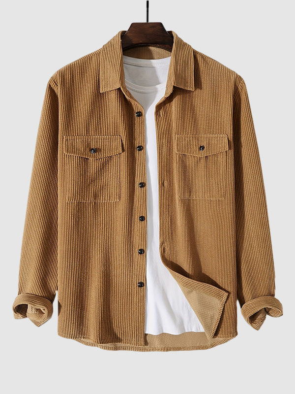 Men's Corduroy Solid Pocket Long Sleeve Shirt