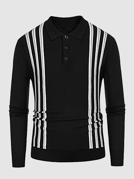 Men's Striped Jacquard Casual Business Lapel Half Button Sweater