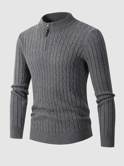 Men's Solid Color Cable Casual Half-Zip Stand Collar Sweater