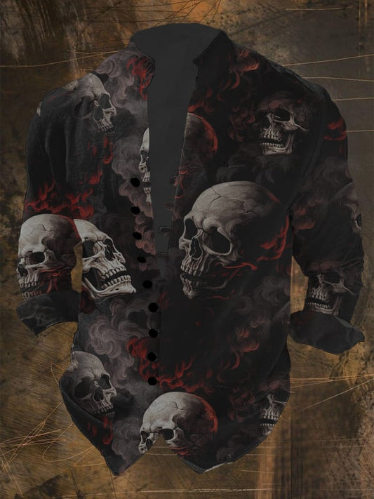 Men's Vintage Skull Print Multi-Button Shirt