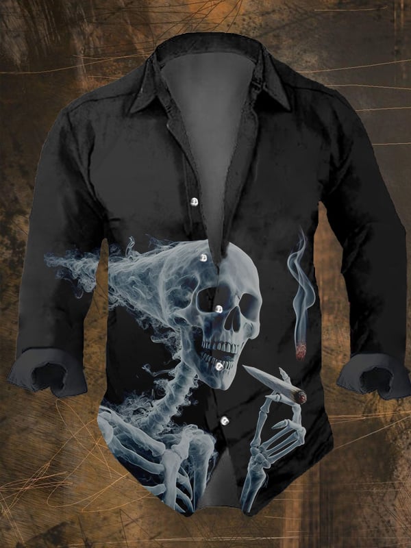 Men's Vintage Dark Skull Print Long Sleeve Shirt