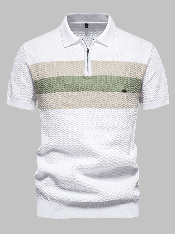 Men's Knitted Striped Casual Business Half-Zip short sleeve POLO