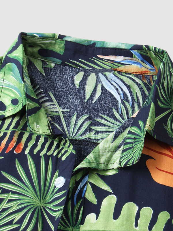 Men's Cotton-Linen Hawaiian Floral Print Resort Short Sleeve Shirt