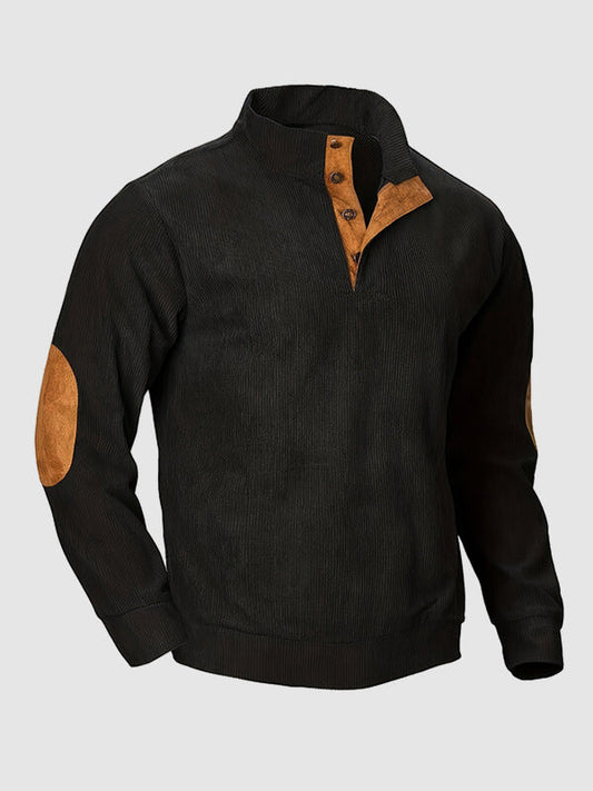 Men's retro corduroy patchwork casual stand collar sweatshirt