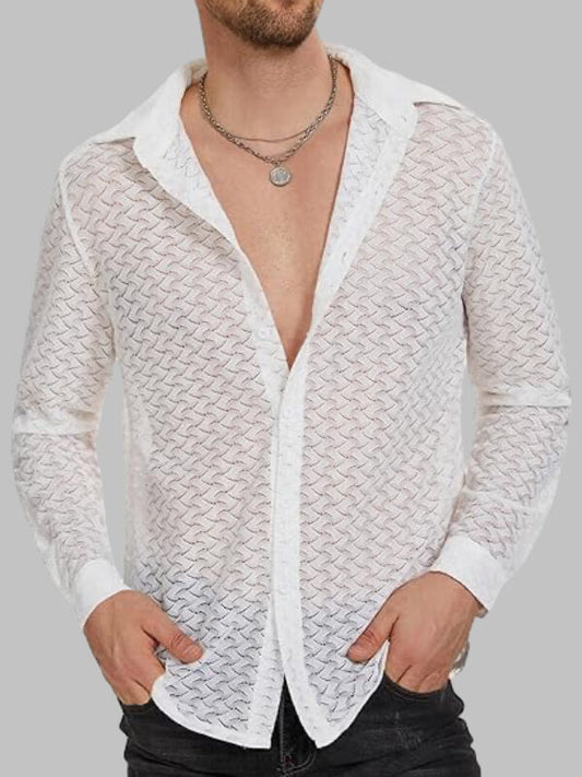 Men's Sexy Geometric Lace Hollow Long Sleeve Shirt