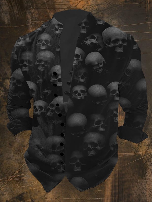 Men's Vintage Skull Print Multi-Button Shirt