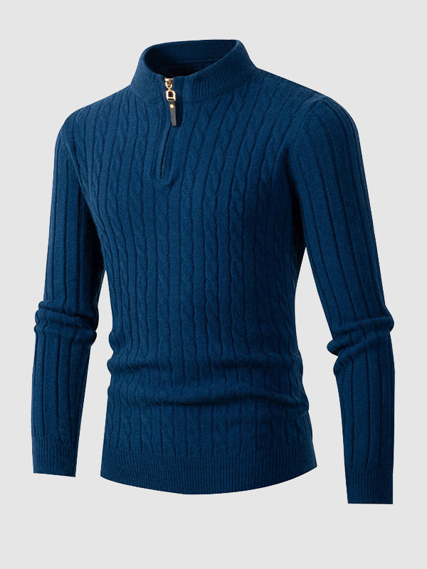 Men's Solid Color Cable Casual Half-Zip Stand Collar Sweater