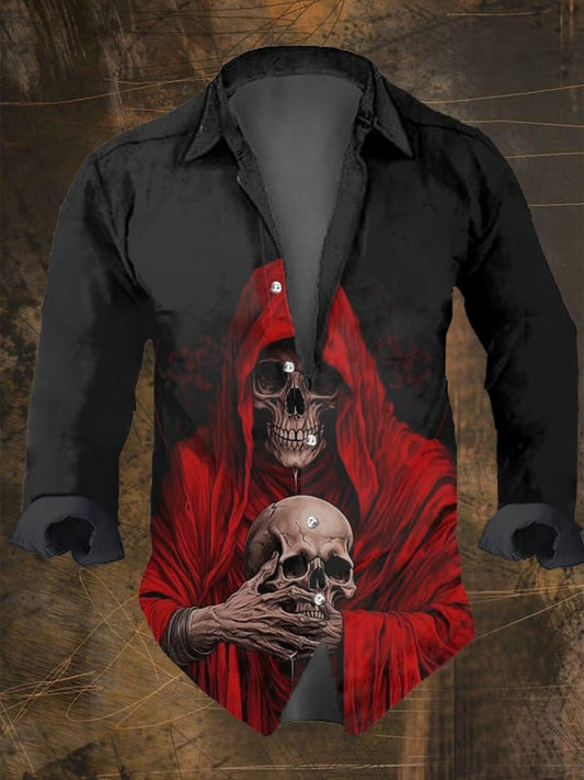 Men's Vintage Dark Skull Print Long Sleeve Shirt