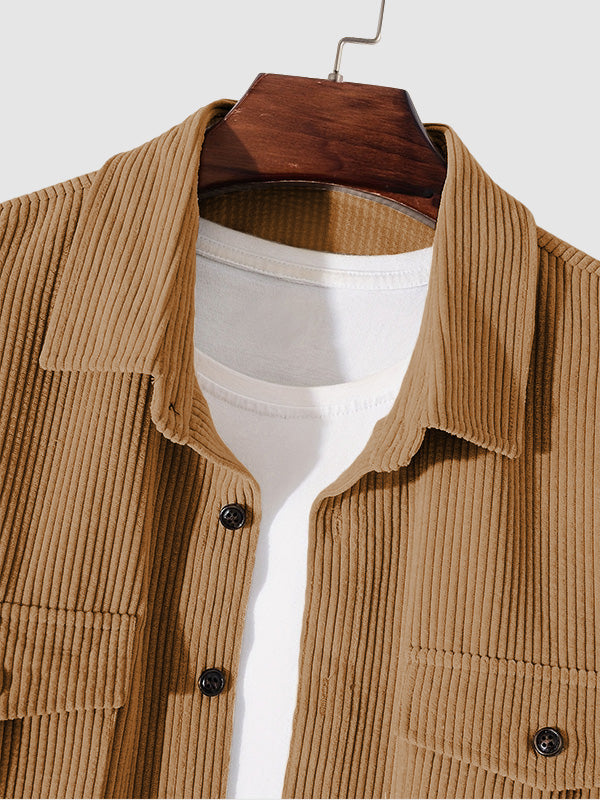 Men's Corduroy Solid Pocket Long Sleeve Shirt