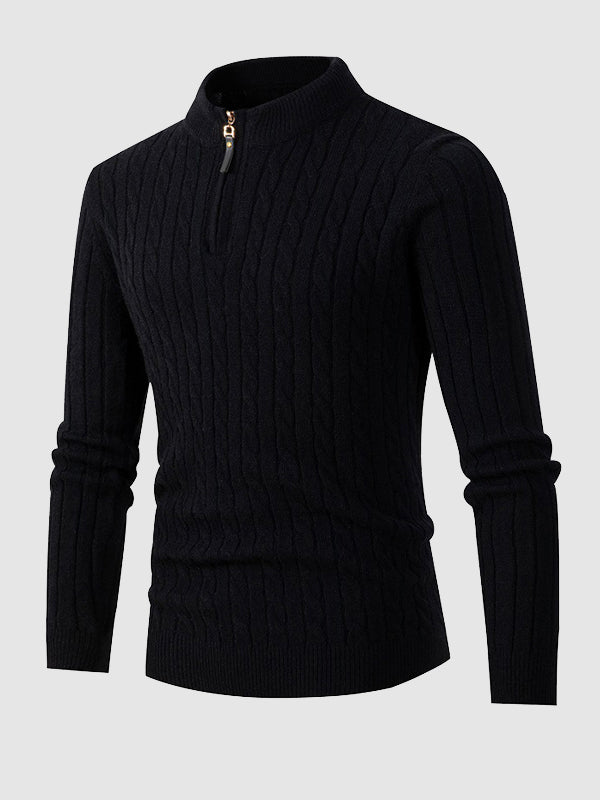 Men's Solid Color Cable Casual Half-Zip Stand Collar Sweater