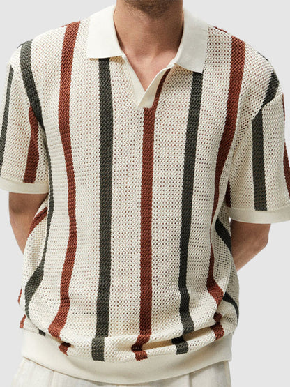 Men's Hollow  Striped Color Block Knit Casual Polo