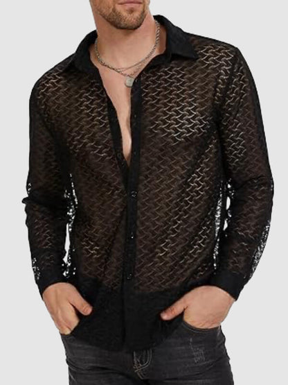 Men's Sexy Geometric Lace Hollow Long Sleeve Shirt