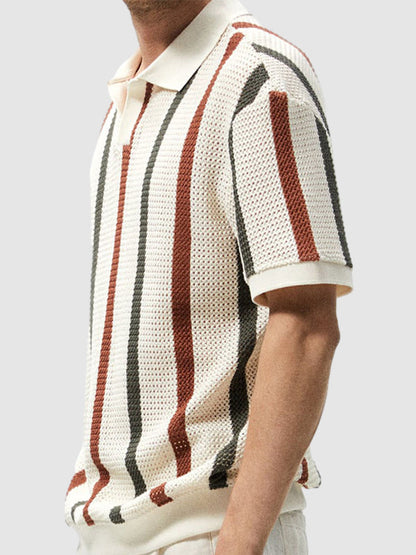 Men's Hollow  Striped Color Block Knit Casual Polo