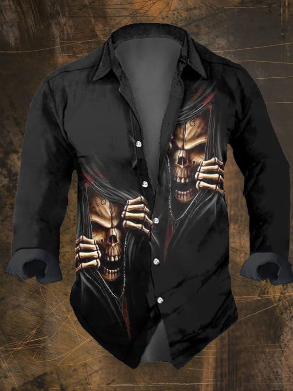 Men's Vintage Dark Skull Print Long Sleeve Shirt