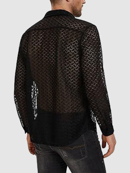 Men's Sexy Geometric Lace Hollow Long Sleeve Shirt