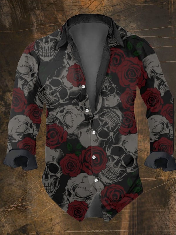 Men's Vintage Dark Skull Print Long Sleeve Shirt