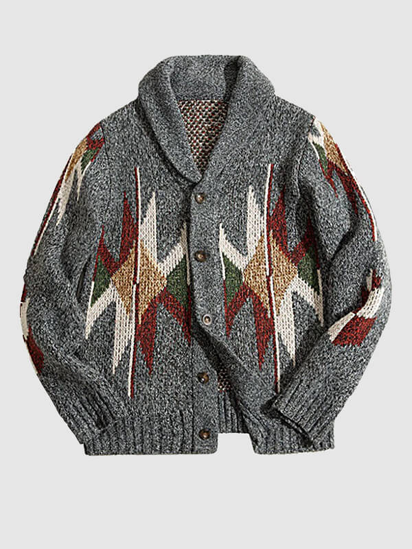 Men's vintage jacquard lapel button-knit sweater