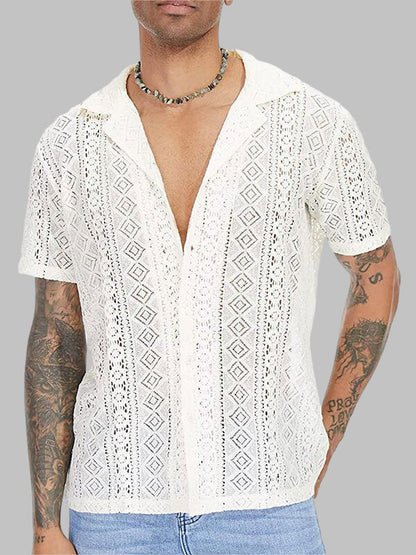 Men's Lace Hollow Loose Fit Cuban Collar Short Sleeve Shirt