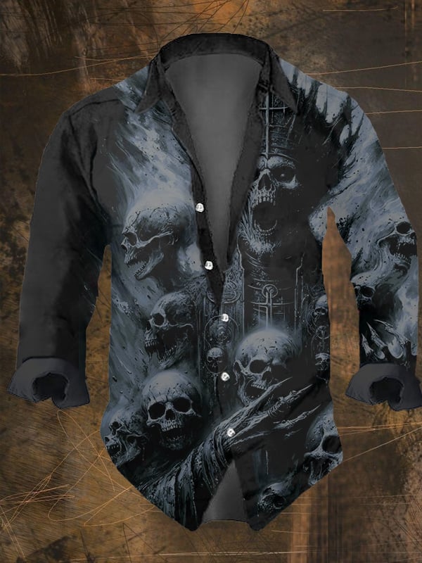 Men's Vintage Dark Skull Print Long Sleeve Shirt